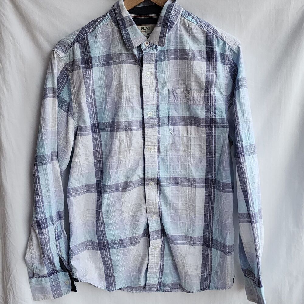 Flag and anthem mens blue plaid cotton long sleeve button up shirt size medium